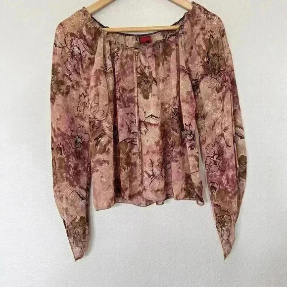 Womens Umgee Tan And Pink Boho Sheer Top Size Medium Floral Ruffles - Picture 2 of 7
